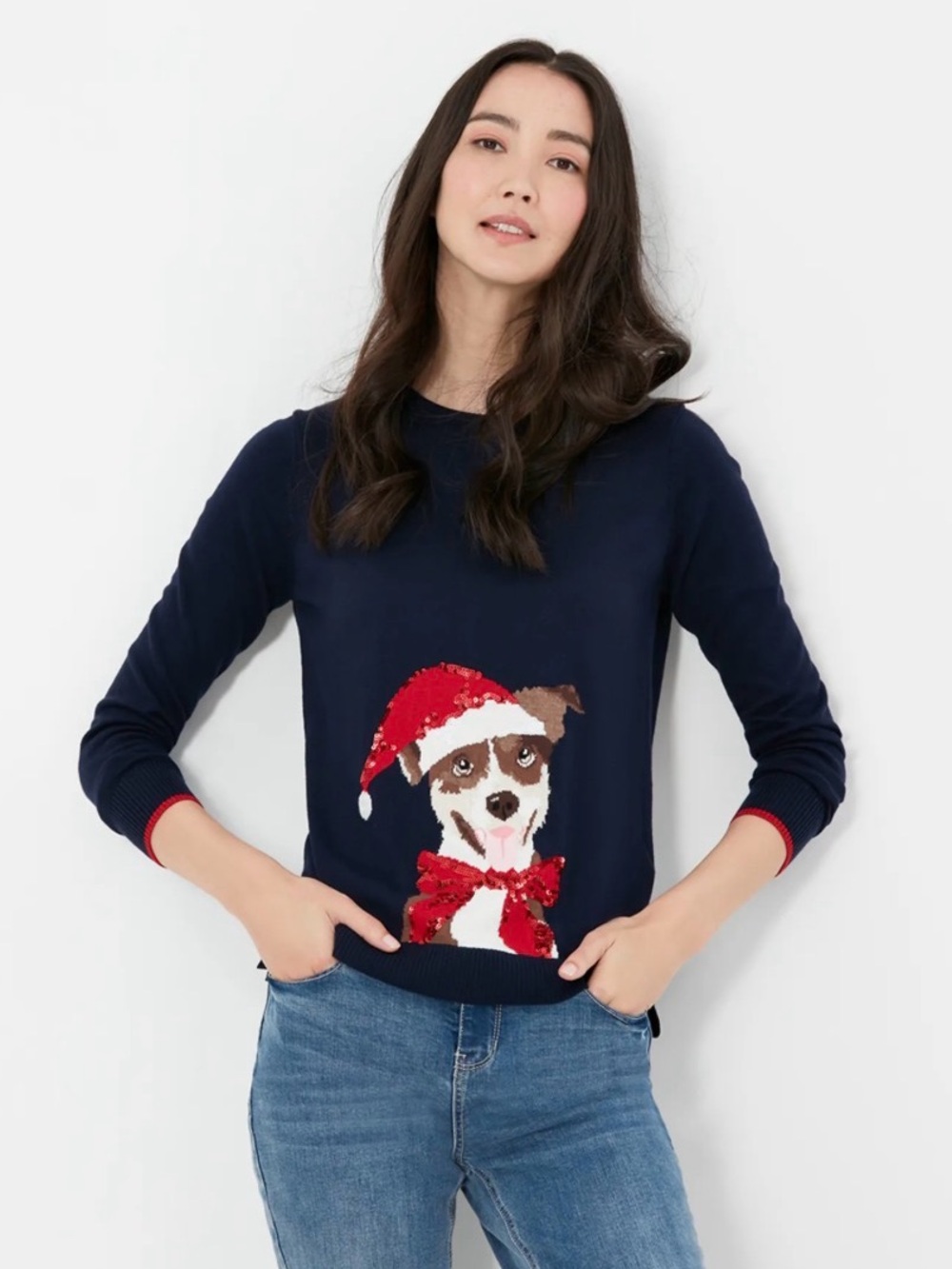 NEW Joules Miranda FESTIVE SANTA DOG Navy Blue Knit Sweater US 2 RED SEQUIN NWOT